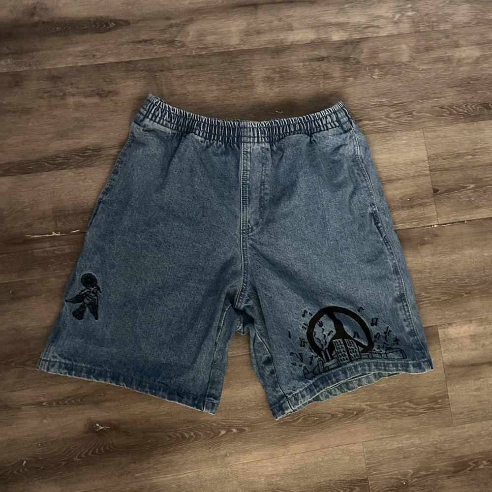 Obey Blue Jean Shorts with Graphic Design
